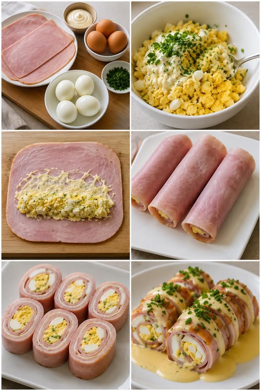 Roulés de Jambon Farcis aux Œufs Mimosa et Sauce Crémeuse